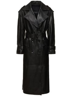 Front button closure. Belted cuffs. Includes matching belt. Two side pockets. Lined. Model is wearing a sizeXS Oversized Leather Trench Coat, Leather Trench Coat Woman, Cropped Trench Coat, Leather Coat Womens, Oversized Trench Coat, Denim Trench Coat, Black Leather Coat, Blue Trench Coat, Long Leather Coat