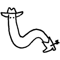 a black and white drawing of a long necked animal with a hat on it's head