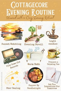 Slow down and savor the simplicity of a cozy cottagecore evening routine! 🌿✨From watching the sunset 🌅 to unwinding with a warm bath infused with herbs 🛁, these serene rituals will help you embrace tranquility and connect with nature 🌙. End your day with a touch of rustic charm, soft candlelight 🕯️, and a peaceful night under the stars ✨ Cottagecore Bohemian Aesthetic, Slow Night Routine, How To Live Cottagecore, Cottagecore Routine, Autumn Night Routine, Soft Living Aesthetic, Cottagecore Things To Do, Sunset Ritual, Simple Night Routine