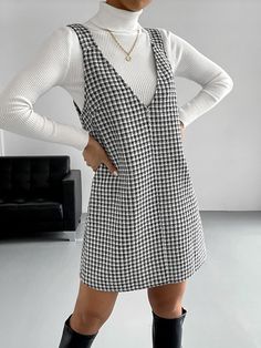 Women’s Dress Casual Outfits, Houndstooth Overall Dress, Plaid Dress White Shirt Under, Tie Strap Dress With Shirt Underneath, White Collar Outfits Women, Winter Dresses For Graduation, Pinafore Dress Black, Winter Dresses Modest, Edgy Fall Outfits Women