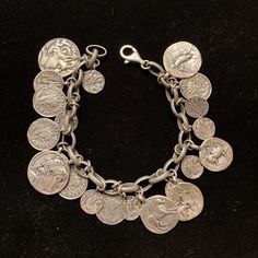 Roman Coin Bracelet Is Solid 925 Sterling Silver With Various Depictions Of Roman Coins. Etched Bracelet Links Add Depth And Interest! Never Worn Vintage Silver Coin Necklace With Charm, Silver Vintage Charm Coin Necklace, Vintage Silver Metal Coin Necklace, Vintage Silver Coin Bracelet, Silver Coin Jewelry, Byzantine Silver Coin Necklace, Roman Coin Jewelry, Silver Coin Necklace, Silpada Jewelry