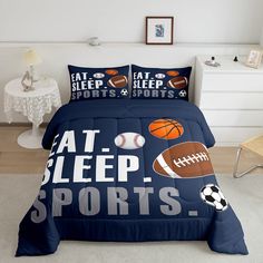 a bed room with a neatly made bed and sports themed comforter sets on it