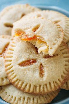 several small pies on a blue plate