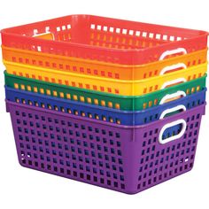 three different colored plastic baskets stacked on top of each other, one with handles and the other without handles