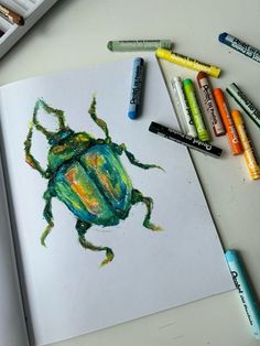 beetle drawing, sketchbook art ideas Colourful Oil Pastel Drawings, Art Inspo Colorful, Oil Pastel Lesson High School, Colored Pencil Drawing Aesthetic, Fine Tip Marker Drawing, How To Use Prismacolor Pencils, Art Ideas Colored Pencils, Posca Art Ideas Simple