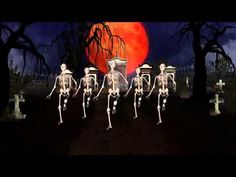 three skeletons are walking in front of a cemetery at night with the moon behind them