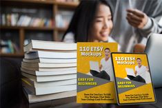 a stack of books sitting on top of a table next to a woman holding a laptop