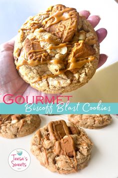 a hand holding a cookie with peanut butter on top and the words gourmet biscuit blast cookies above it