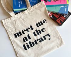 "Tote Bag for Reading, Library Tote Bag Constantly checking out and then returning books to the library?! Carry all your books with this tote bag 📚 This tote bag is for any and all book lovers.  Will get you through your weekend trips to the library, second hand book store, flea markets and neighbourhood book exchanges.  Don't be caught without a book bag again ✔️ Black vinyl on beige/tan canvas. 📏 ~16\" x 14.5\" with 25\" handles 100% cotton Free Shipping in Canada 🇨🇦 Free Shipping in USA w Library Friends, Listening Bar, Book Puns, Diy Tote Bag Design, Library Book Bag, Library Tote Bag, Library Tote, Library Events, Alchemic Symbols