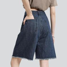 Bring summer fun to your wardrobe with our 2023 Summer Collection streetwear-trend striped cropped women's denim shorts. Combining a high-waist design. wide-leg cut. and zipper & button closure. they are sure to make a bold statement!Distinctive Features: Street Trend Stripes: Add a touch of fun and style with bold vertical stripes for a look that screams confidence. Wide-Leg Cut: Show off your figure with a chic and enduring fit. High-Waist Design: Enhance your curves with a fashion and flatter Trendy Wide Leg Bottoms With Vertical Stripes, Trendy Knee-length Denim Bottoms, Trendy Knee-length Bottoms For Spring, Denim Blue Knee-length Cropped Jeans For Spring, Knee-length Denim Cropped Jeans For Summer, Knee-length Cotton Jeans For Summer, Trendy Knee-length Shorts, Knee-length Cropped Jeans With Pockets For Summer, Trendy Knee-length Bottoms With Pockets