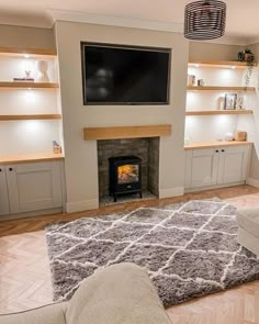 Grey Cream Rug Living Room Woodburner, Chimneys Ideas Living Room, Living Room Designs Around Fireplace, Front Room Fireplace, Uk Front Room Ideas, Front Room Built Ins, Cosy Rugs In Living Room, Frontroom Decor Ideas, Lounge Renovation Ideas