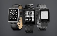 three smart watches are shown with the text, meet pebble steel upgrade to the premium pebble experience