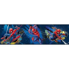 the spiderman wallpaper border is shown in blue and red colors, with an image of two superheros on it