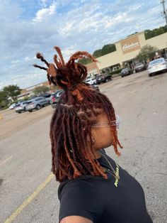 loc styles for women, locs, black girl, hairstyles, ginger hair, ginger locs Ginger Locs Hairstyles, Dreads Girl Hairstyles, Gold Locs Black Women, Dread Hairstyles For Black Women, Girl Locs Hairstyles, Pretty Loc Styles, 4c Locs 4c Hair, Side Part Locs, Colored Dreads Black Women