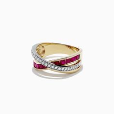 Effy Ruby Royale 14K Two Tone Gold Ruby and Diamond Ring, 1.48 TCW Ruby And Diamond Ring, Gold Yellow, Crossover, Two Tone, Diamond Ring, Ruby, Wedding Rings, Engagement Rings, Band