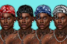 five black men with tattoos and bandanas on their heads, all looking different ways