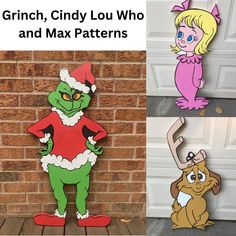 the grinch, indy lou who and max patterns are on display in front of a brick wall