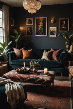 a living room filled with lots of furniture and pictures on the wall above it's coffee table