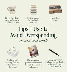 an advertisement with the words tips i use to avoid overspending