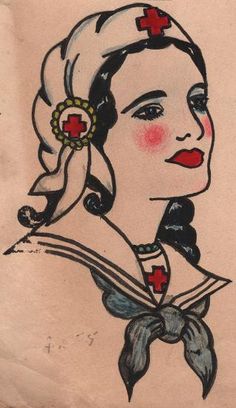 a drawing of a woman wearing a red cross on her head and holding a book