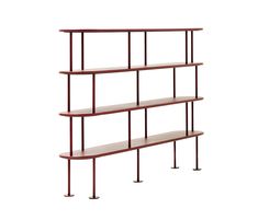 three tiered shelving unit with four shelves on each side and one shelf below