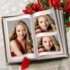 an open book with two pictures of the same woman on it and red flowers in the background