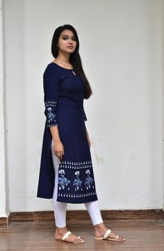 Kurti Leggings Style, Simple Cotton Kurti Designs Latest, Kurti Stitching, Straight Kurti Designs, Blue Patterns, Frock For Women