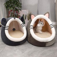 two cat beds that have been made to look like animals