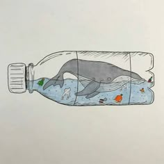 a drawing of a bottle with a whale in it's mouth and fish inside