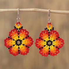 Huichol Flower Earrings, Seed Bead Flowers, Seed Beading, Beaded Headband, Colorful Jewelry, Beaded Jewelry Patterns, Just Because Gifts, Glass Flowers, Beaded Dangle Earrings