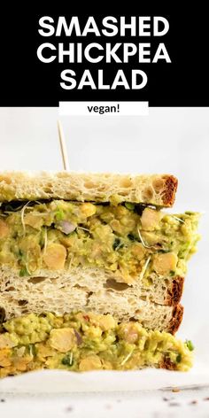 an image of smashed chickpea salad with text overlay