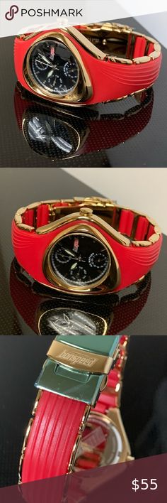 Lady Watch bonspeed Rubber strap Quartz Waterproof bonspeed Lady Camber Watch Flare Red with Black Dial Gold Plating A fun quality watch designed in California  NEW never worn Quartz movement Natural rubber with link strap True Gold Plating  Deployment Buckle Comes in lucite box with instructions bonspeed watches Accessories Watches Red Chronograph Watch With Metal Dial, Red Modern Chronograph Watch With Metal Dial, Red Casual Chronograph Watch, Casual Red Chronograph Watch, Casual Red Analog Watch, Modern Red Watches With Metal Dial, Red Analog Outdoor Watch, Red Outdoor Analog Watch, Red Chronograph Watch With Stopwatch