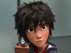 an animated character with black hair pointing at the camera, in front of a cubicle