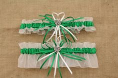 White and Green Wedding Garter Set with Celtic Heart Charms-(Your Choice, Single or Set) Camo Wedding Garters, Green Wedding Garter, Wedding Garter Diy, Personalized Wedding Garter, Custom Wedding Garter, White And Green Wedding, Wedding Garter Blue, Yule Gift, Blue Garter