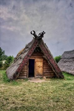 an old thatched hut with two cats on the roof