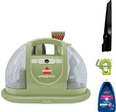 an image of a green vacuum cleaner and cleaning supplies