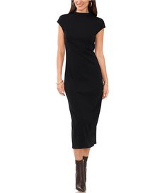 Vince Camuto Mock Neck Cap Sleeve Ribbed Knit Midi Sheath Dress | Dillard's Stretch Sheath Bodycon Dress, Solid High Neck Bodycon Dress For Work, Stretch Sheath Midi Dress With Flattering Silhouette, Fitted High Neck Midi Dress For Work, High Neck Stretch Bodycon Dress For Work, Ribbed Stretch Midi Dress For Work, Stretch Ribbed Midi Dress For Work, Dress With Tights And Ankle Boots, Black Midi Dress Outfit