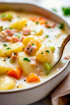 a close up of a bowl of soup with ham and vegetables in it on a table