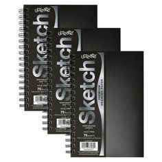 three black notebooks with white writing on the front and back cover are lined up against each other