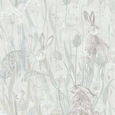 an animal themed wallpaper with rabbits and flowers on the side, in grey and white