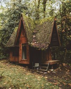 a small wooden cabin in the woods with grass roof