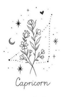 a black and white drawing of a plant with the word capricorn on it