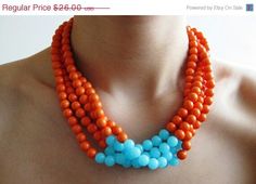 . Orange Statement Necklace, Statement Necklace Wedding, Twisted Necklace, Semiprecious Stone Jewelry, Blue Beaded Necklace, Jewelry Bridesmaid, Jewellery Necklace, Tangerine Orange, Orange And Pink