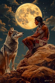 a native american woman sitting on top of a rock next to a wolf in front of a full moon