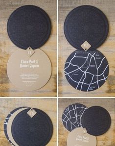 four different pictures of black and white paper with circles on them, all showing the same design