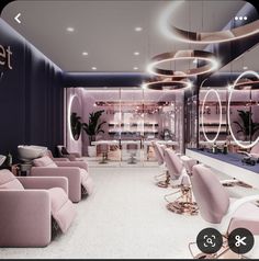 the interior of a nail salon with pink chairs