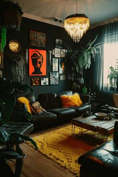 a living room filled with lots of furniture next to a large painting on the wall