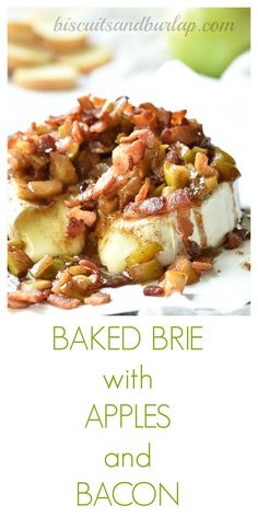 baked brie with apples and bacon on a white plate next to an apple slice