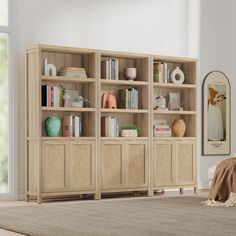 a living room scene with focus on the bookshelf and carpeted flooring