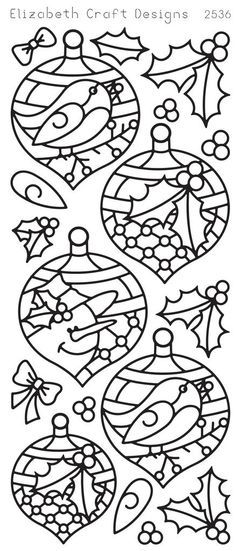 a christmas ornament coloring page with ornaments in the center and holly decorations on each side